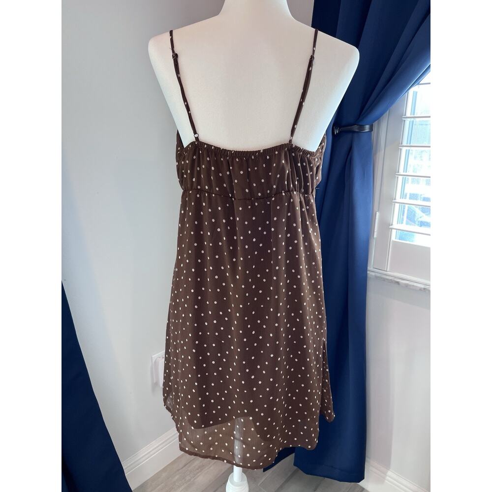 White Polka Dot (L) Brown Mini Dress-Babydoll Slip Dress-COQUETTE-Scarf-PLAYFUL - Picture 5 of 14